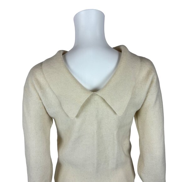 Vintage 80s Wool Sweater Women's Small Cream Collared Back Lambswool Angora Pull - Picture 7 of 9